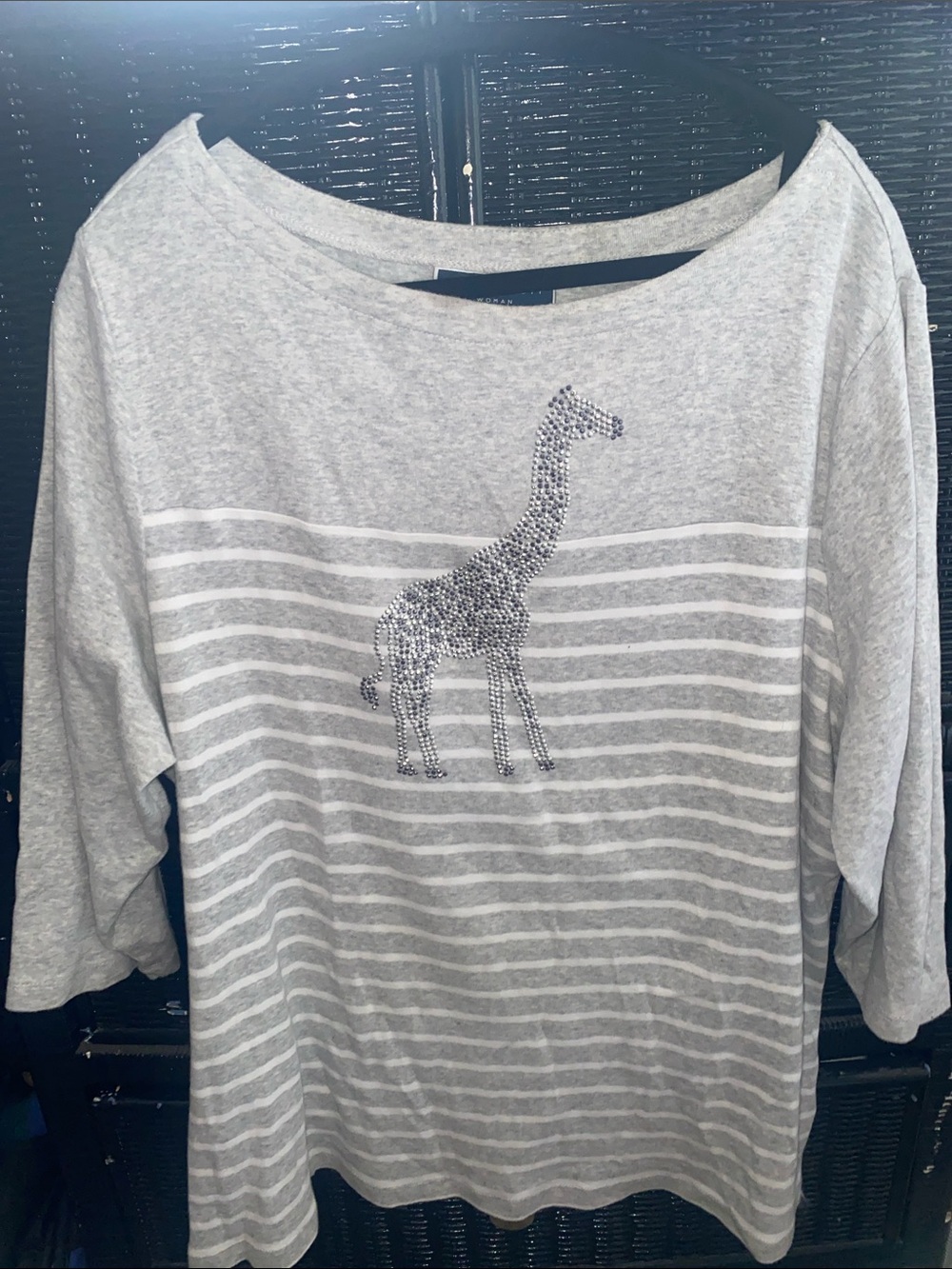 Karen Scott - 100% cotton - Gray Striped 3/4 Sleeve Tee with Rhinestone Giraffe